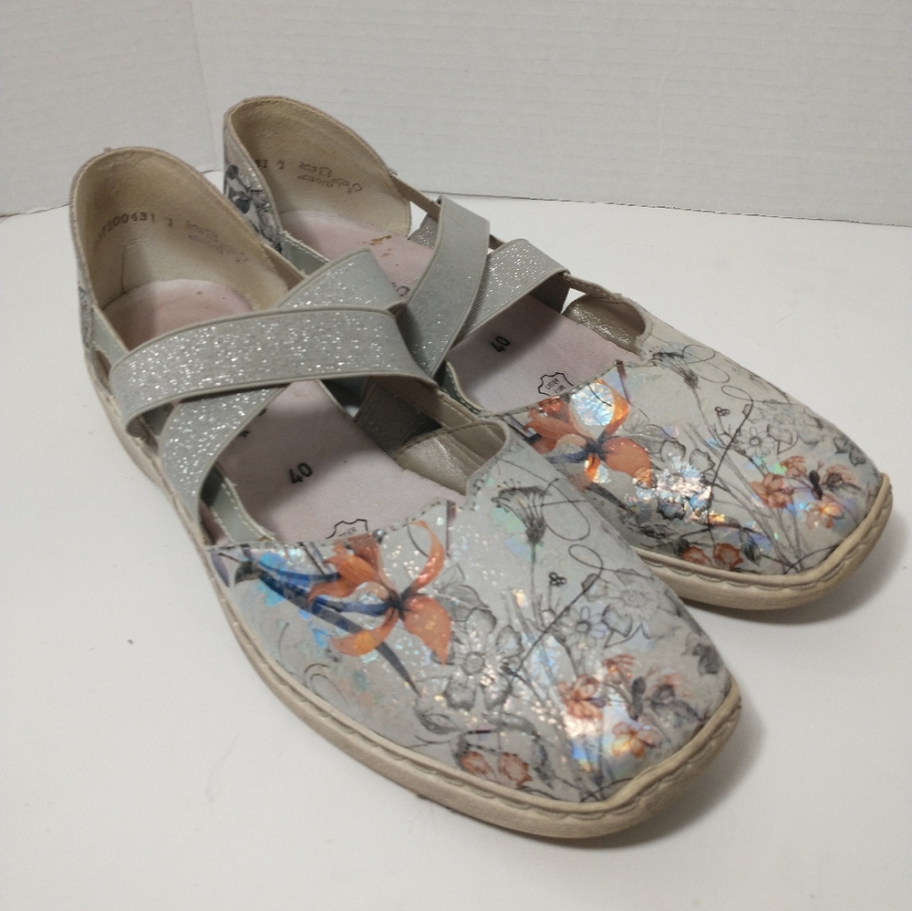 Rieker Remonte Mary Jane Gray Floral Slip-On Comfort Flats, Euro 40, US Size 8.5